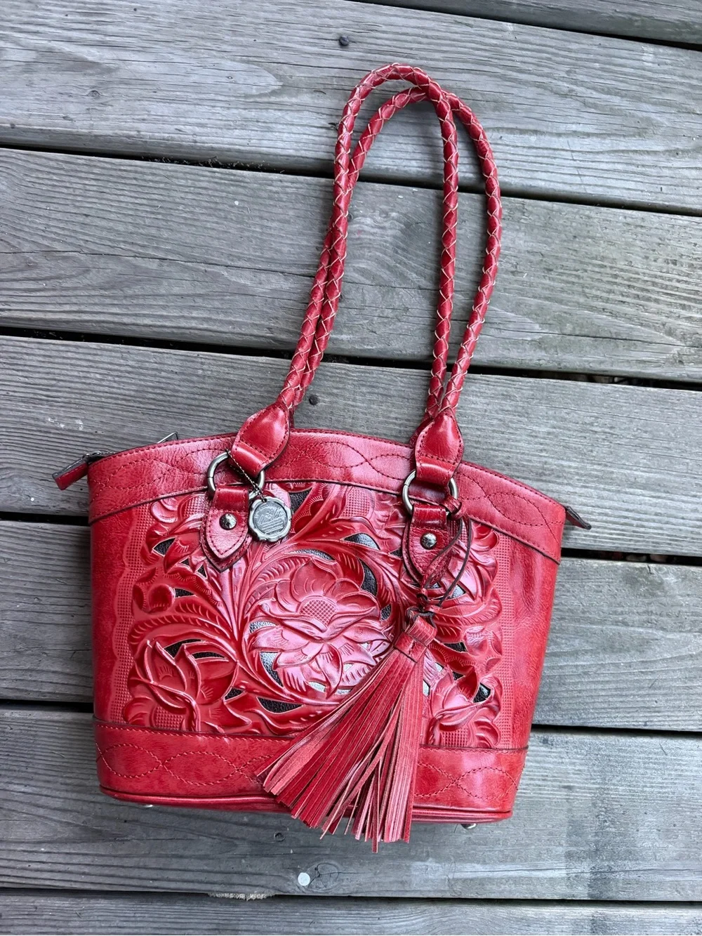 Patricia Nash Red Floral Tooled Full Grain Leather Satchel